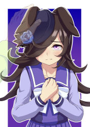 Rule 34 | 1girl, absurdres, black hair, blue flower, blue hat, blue rose, bow, cheesecake (artist), closed mouth, commentary request, faded limb, flower, frown, hair over one eye, half-closed eyes, hands on own chest, hat, hat flower, highres, horse girl, long hair, long sleeves, outline, outside border, partial commentary, purple eyes, purple sailor collar, purple shirt, rice shower (umamusume), rose, sad, sailor collar, school uniform, shirt, solo, standing, tearing up, tilted headwear, tracen school uniform, trainer (umamusume), umamusume, white bow, white outline