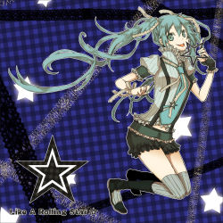 Rule 34 | :p, aqua eyes, aqua hair, asymmetrical clothes, belt, blue eyes, blue hair, boots, buzz (moi), frills, gloves, hatsune miku, highres, lace, like a rolling star, like a rolling star (vocaloid), navel, necktie, plaid, ribbon, shorts, single glove, skirt, solo, star (symbol), suspenders, thighhighs, tongue, tongue out, twintails, vocaloid, zettai ryouiki