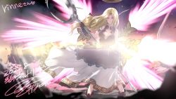 Rule 34 | 1girl, angel, bare arms, black dress, blonde hair, breasts, commission, dated, dress, gloves, halo, holding, iseria queen, jewelry, kuroi mimei, long hair, looking at viewer, signature, skeb commission, sleeveless, smile, solo, staff, star ocean, star ocean the second story, weapon, wings