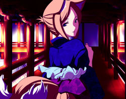 Rule 34 | 1girl, alternate costume, alternate hairstyle, animal ears, architecture, blonde hair, blue eyes, dearmybrothers, east asian architecture, female focus, fox ears, fox tail, from behind, no headwear, no headwear, short hair, smile, solo, tail, touhou, yakumo ran