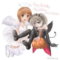 Rule 34 | 2girls, angel wings, black footwear, black gloves, black ribbon, black shirt, black wings, boots, brown eyes, brown hair, character name, choker, closed mouth, coattails, commentary, dated, demon horns, demon tail, dress, elbow gloves, english text, fake halo, fake horns, fake tail, fake wings, floating, girls und panzer, gloves, hair ribbon, halloween, halloween costume, halo, happy birthday, horns, light brown hair, long hair, looking at viewer, multiple girls, nishizumi miho, one side up, open mouth, orange shorts, puffy short sleeves, puffy sleeves, pumpkin pants, ribbon, scamp (scamp f16), shimada arisu, shirt, short dress, short hair, short sleeves, shorts, simple background, smile, strapless, strapless shirt, tail, thigh boots, twitter username, white background, white choker, white dress, white wings, wings