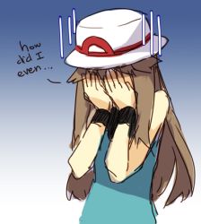 Rule 34 | 1girl, brown hair, commentary, covering privates, covering face, creatures (company), english text, facepalm, female focus, game freak, gloom (expression), gradient background, green (pokemon), hat, long hair, lowres, nintendo, pokemon, pokemon adventures, sketch, solo, weee (raemz), wristband