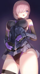 Rule 34 | 1girl, arm guards, armor, armored dress, black legwear, black leotard, blush, breasts, fate/grand order, fate (series), gloves, gradient background, hair over one eye, highres, kfr, large breasts, leotard, light purple hair, looking at viewer, mash kyrielight, open mouth, purple background, purple eyes, purple gloves, short hair, solo, thigh strap, thighs