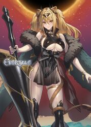 Rule 34 | 1girl, animal ears, bare shoulders, black leotard, blonde hair, boots, bracelet, breasts, cape, closed mouth, coat, commentary request, copyright name, cuboon, evertale, fur trim, gilgamesh (evertale), highres, holding, jewelry, large breasts, leotard, lion ears, lion tail, lips, logo, long hair, looking at viewer, off-shoulder coat, off shoulder, official art, pelvic curtain, see-through, shiny clothes, shiny skin, smile, tail, tail wrap, thigh boots, thigh strap, thighs, underboob, weapon, yellow eyes