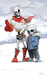 Rule 34 | 2boys, armor, boots, brothers, gloves, glowing, glowing eyes, grin, hands in pockets, hood, hoodie, multiple boys, papyrus (undertale), pointing, pointing at viewer, sans (undertale), scarf, shorts, siblings, signature, skeleton, slippers, smile, snow, undertale, vengefulspirits