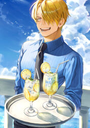 Rule 34 | 1boy, absurdres, bird, black necktie, blonde hair, blue eyes, blue shirt, blue sky, buttons, cigarette, cloud, collared shirt, commentary request, cup, curly eyebrows, day, dress shirt, drinking straw, facial hair, flock, food, fruit, hair over one eye, highres, holding, holding tray, ice, ice cube, lemon, lemon slice, lemonade, long sleeves, looking at viewer, male focus, necktie, ocean, one eye covered, one piece, open mouth, outdoors, parted bangs, pinstripe pattern, railing, round teeth, sanji (one piece), shirt, shirt tucked in, short hair, sky, smile, solo, standing, striped clothes, striped shirt, stubble, teeth, tongue, tray, vertical-striped clothes, vertical-striped shirt, water, wing collar, yoshiyoshiwa