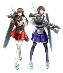 Rule 34 | 10s, 2girls, akagi (kancolle), armor, arrow (projectile), bow (weapon), brown eyes, brown hair, camouflage, crossbow, didloaded, digital camouflage, gloves, gun, headset, holding, holding gun, holding weapon, japanese clothes, kaga (kancolle), kantai collection, machinery, microphone, multiple girls, muneate, open mouth, personification, ponytail, sandals, scope, side ponytail, thighhighs, trigger discipline, weapon