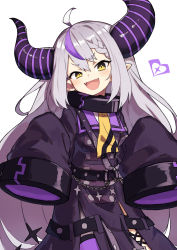 Rule 34 | 1girl, :d, absurdres, ahoge, black horns, blush, braid, commentary request, fangs, gazacy (dai), grey hair, highres, hololive, holox, horns, la+ darknesss, la+ darknesss (1st costume), long hair, looking at viewer, multicolored hair, open mouth, pointy ears, purple hair, simple background, sleeves past fingers, sleeves past wrists, smile, solo, streaked hair, striped, striped horns, very long hair, virtual youtuber, white background, yellow eyes