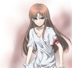 Rule 34 | androgynous, angry, bandages, blood, blue eyes, brown hair, flat chest, gender request, haruichi (komikal), injury, long hair, male focus, purple eyes, red hair, smile, solo
