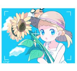 Rule 34 | 1girl, :o, bad id, bad pixiv id, blonde hair, blue eyes, blue sky, blush, bonnie (pokemon), border, cloud, cloudy sky, commentary request, creatures (company), dedenne, dress, flower, game freak, gen 6 pokemon, hair bobbles, hair ornament, hat, looking at viewer, mei (maysroom), nintendo, on head, pokemon, pokemon (anime), pokemon (creature), pokemon on head, pokemon xy (anime), ribbon, short twintails, signature, sky, sleeveless, sleeveless dress, straw hat, sundress, sunflower, sweat, twintails, upper body, viewfinder, white border, white dress