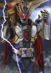 1boy armor belt cape electricity gloves head_tilt highres holding holding_sword holding_weapon kamen_rider kamen_rider_saber_(series) kamen_rider_solomon male_focus open_hand over_shoulder power_armor red_cape red_eyes science_fiction solo sword tokusatsu weapon weapon_over_shoulder yygnzm