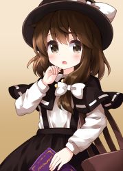 Rule 34 | 1girl, bag, black capelet, black hat, black skirt, book, bow, brown background, brown bag, brown eyes, brown hair, capelet, cowboy shot, fedora, gradient background, hair between eyes, hair bow, hat, hat bow, highres, holding, holding book, long sleeves, looking at viewer, open mouth, ponytail, ribbon, ribbon-trimmed capelet, ruu (tksymkw), shirt, shoulder bag, side ponytail, skirt, solo, standing, suspenders, touhou, usami renko, white bow, white ribbon, white shirt
