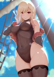 Rule 34 | a-o a, absurdres, blonde hair, breasts, cameltoe, commentary, cosplay, covered navel, earrings, gloves, highres, hololive, houshou marine, houshou marine (1st costume), houshou marine (cosplay), jewelry, kitagawa marin, large breasts, long hair, medium breasts, name connection, pantyhose, piercing, red eyes, solo, sono bisque doll wa koi wo suru, swept bangs, thighhighs, thighs, tight clothes, virtual youtuber, white gloves