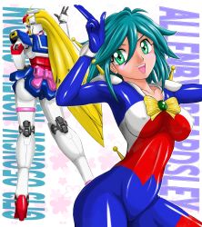 Rule 34 | 1990s (style), 1girl, allenby beardsley, ass, blue bodysuit, blue hair, bodysuit, bow, breasts, covered erect nipples, g gundam, green eyes, gundam, highres, large breasts, mecha, mobile trace suit, multicolored clothes, nobel gundam, retro artstyle, robot, solo, wolfpack, yellow bow