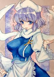 Rule 34 | 1girl, apron, blue eyes, blue skirt, blue vest, breasts, frilled sleeves, frills, head scarf, highres, large breasts, letty whiterock, light purple hair, long sleeves, looking at viewer, looking to the side, painting (medium), parted lips, puffy sleeves, selenium, short hair, skirt, smile, solo, touhou, traditional media, upper body, vest, waist apron, watercolor (medium), wide sleeves
