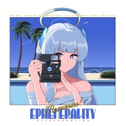Rule 34 | 1990s (style), 1girl, absurdres, aiming, alternate costume, bare shoulders, beach, blue archive, blue sky, blunt bangs, brand name imitation, camera, casual, coconut tree, collarbone, commentary request, detached sleeves, english text, halo, headgear, highres, holding, holding camera, horizon, hrna, long hair, looking at viewer, noa (blue archive), ocean, palm tree, polaroid, pool, purple eyes, retro artstyle, short sleeves, sidelocks, sky, smile, solo, taking picture, tree, white hair