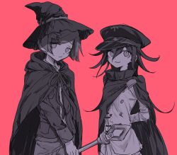 Rule 34 | 1boy, 1girl, arm behind back, buttons, cape, closed mouth, danganronpa (series), danganronpa v3: killing harmony, double-breasted, genderswap, genderswap (ftm), genderswap (mtf), hair between eyes, hair ornament, hat, holding, holding staff, jacket, long hair, long sleeves, monochrome, ne555ne, oma kokichi, open clothes, open jacket, pants, peaked cap, pink background, short hair, simple background, smile, staff, witch hat, yumeno himiko