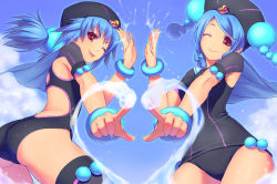 Rule 34 | 2girls, ;), ass, bad id, bad pixiv id, bangle, black legwear, blue hair, bracelet, braid, cape, hair bobbles, hair ornament, hat, heart, high five, jewelry, long hair, looking at viewer, multiple girls, nail polish, one-piece swimsuit, one eye closed, original, outstretched arms, piro (artist), piro (orip), red eyes, smile, swimsuit, thighhighs, tongue, twin braids, water, wink