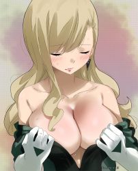 Rule 34 | 1girl, bare shoulders, blonde hair, breasts, cleavage, colorized, earrings, eden&#039;s zero, closed eyes, gaston18, highres, jewelry, large breasts, long hair, mashima hiro, rebecca bluegarden, undressing