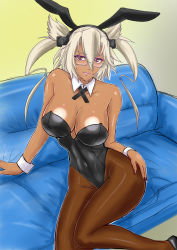 Rule 34 | 10s, 1girl, animal ears, black leotard, black ribbon, blonde hair, breasts, brown pantyhose, cleavage, couch, cowboy shot, dark-skinned female, dark skin, detached collar, fake animal ears, glasses, hair between eyes, highres, kantai collection, large breasts, leotard, looking at viewer, musashi (kancolle), nyantamaran, pantyhose, playboy bunny, pointy hair, rabbit ears, red eyes, ribbon, short hair with long locks, sitting, solo, strapless, strapless leotard, twintails, two side up, wrist cuffs