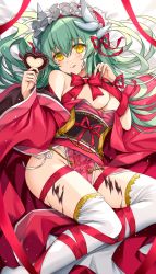 Rule 34 | 1girl, breasts, candy, chocolate, chocolate heart, chocolate on body, chocolate on face, chocolate on legs, dragon girl, dragon horns, fate/grand order, fate (series), food, food on body, food on face, green hair, heart, highres, holding, holding chocolate, holding food, horns, japanese clothes, kimono, kiyohime (fate), large breasts, long hair, morizono shiki, multiple horns, off shoulder, panties, red kimono, red ribbon, ribbon, side-tie panties, smile, solo, thighhighs, underwear, valentine, white panties, white thighhighs, wide sleeves, yellow eyes