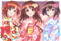 Rule 34 | 3girls, :d, ahoge, black hair, blue bow, blush, border, bow, breasts, brown eyes, brown hair, camellia, camellia print, cherry blossom print, cotton candy, cowboy shot, dot nose, floral print, flower, food, hair bow, hair flower, hair ornament, hair ribbon, hakkaumai, hand on own chest, hand up, highres, holding, holding food, idolmaster, idolmaster cinderella girls, idolmaster cinderella girls starlight stage, igarashi kyoko, japanese clothes, kimono, kohinata miho, long hair, long sleeves, looking at viewer, medium breasts, morning glory print, multiple girls, obi, obiage, obijime, one side up, open mouth, outside border, pink background, pink check school (idolmaster), pink flower, pink kimono, pink ribbon, print kimono, red bow, red flower, ribbon, sash, shimamura uzuki, short hair, side ponytail, smile, standing, waist bow, white border, white flower, white kimono, wide sleeves, yellow bow, yukata