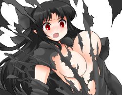 Rule 34 | 1girl, black hair, blush, bouncing breasts, bow, breasts, censored, convenient censoring, exploding clothes, fangs, fusion, gojiren, hair bow, large breasts, m.u.g.e.n, mono (moiky), pointy ears, red eyes, solo, surprised, torn clothes, transparent background