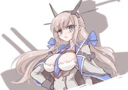 Rule 34 | 1girl, :o, between breasts, black gloves, blue bow, blue eyes, blue necktie, blush, bow, breasts, capelet, cropped torso, dress, gloves, hair bow, hand on own hip, headgear, kantai collection, light brown hair, long hair, looking at viewer, maryland (kancolle), medium breasts, necktie, necktie between breasts, rigging, simple background, solo, suke (share koube), upper body, white background
