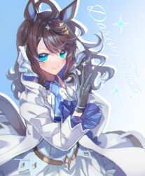 Rule 34 | 1girl, ahoge, animal ears, aqua eyes, ascot, belt, blue ascot, blush, brown hair, character name, closed mouth, daring tact (umamusume), hair ornament, hanaozi hin, hand on own hip, hand up, horse ears, horse girl, horse tail, jacket, long hair, long sleeves, looking at viewer, open clothes, open jacket, shirt, signature, sleeveless, sleeveless shirt, smile, solo, sparkle, tail, umamusume, upper body, w, watermark, white jacket, white shirt