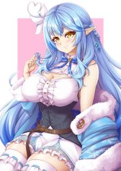 Rule 34 | 1girl, ahoge, bare shoulders, belt, blue hair, braid, breasts, center frills, cleavage, coat, colored tips, commentary, flower, frills, fur-trimmed coat, fur trim, hair flower, hair ornament, twirling hair, half updo, heart, heart ahoge, highres, hololive, large breasts, long hair, looking at viewer, mazume, multicolored hair, pointy ears, simple background, skindentation, sleeveless, smile, snowflake print, solo, thighhighs, two-tone hair, very long hair, virtual youtuber, yellow eyes, yukihana lamy, zettai ryouiki