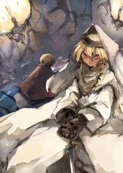 Rule 34 | 1boy, 1girl, armor, bad id, bad pixiv id, blonde hair, braid, cape, cloak, cover, cover page, from behind, hair between eyes, hood, long hair, looking at viewer, ohima (onorosi), own hands together, pixiv fantasia, pixiv fantasia fallen kings, red eyes, side braid, sword, weapon, wide sleeves