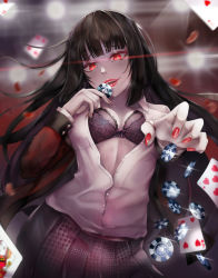 Rule 34 | 1girl, absurdres, akaisu, black bow, black bra, black hair, blouse, blunt bangs, blurry, blurry background, blush, bow, bra, breasts, card, commentary, highres, hime cut, jabami yumeko, jacket, jewelry, kakegurui, large breasts, lips, long hair, long sleeves, looking at viewer, nail polish, open clothes, open mouth, open shirt, playing card, pleated skirt, poker chip, red eyes, red jacket, red lips, ring, school uniform, shirt, skirt, smile, solo, underwear, very long hair, white shirt