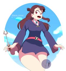 Rule 34 | !, 1girl, absurdres, artist logo, belt, blue sky, breasts, brown hair, cloud, cloudy sky, collar, commentary, cowboy shot, dated, day, dress, english commentary, highres, holding, holding wand, hood, hood down, hooded dress, kagari atsuko, little witch academia, long hair, long sleeves, medium breasts, open mouth, outdoors, purple dress, red belt, ribbon, self-upload, shirt, short dress, short ponytail, sky, smile, solo, teeth, twitter username, upper teeth only, wand, white shirt