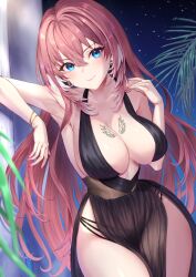 Rule 34 | 1girl, armpits, backless dress, backless outfit, bare shoulders, black dress, black panties, blue eyes, blush, breast tattoo, breasts, cleavage, dress, hair between eyes, highres, hololive, large breasts, legs, long hair, looking at viewer, mary is mine, multicolored hair, no bra, panties, pink hair, smile, solo, takane lui, tattoo, thick thighs, thighs, underwear, very long hair, virtual youtuber