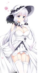Rule 34 | 1girl, azur lane, blue eyes, blush, breasts, closed mouth, cowboy shot, dress, elbow gloves, flower, garter straps, gloves, hand on own chest, hat, illustrious (azur lane), large breasts, loading (verjuice), long hair, looking at viewer, low twintails, mole, mole under eye, petals, pink flower, pink rose, rose, simple background, smile, solo, sun hat, tareme, thighhighs, thighs, transparent background, twintails, white background, white dress, white gloves, white hair, white thighhighs