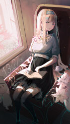 Rule 34 | 1girl, absurdres, black skirt, black thighhighs, blonde hair, blue eyes, blue hairband, book, chair, chinese commentary, choker, closed mouth, commentary request, frilled choker, frills, grey shirt, hair ornament, hairband, hairclip, highres, lemtun, light particles, long hair, looking at viewer, open book, original, puffy sleeves, shirt, sidelocks, sitting, skirt, solo, thighhighs, timestamp, window