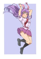 Rule 34 | 1girl, animal ears, arm behind head, black footwear, black socks, blush, border, carrot pin, commentary, full body, gyouza (mhea5724), highres, long hair, looking at viewer, necktie, open mouth, pleated skirt, purple background, purple hair, purple shirt, purple skirt, rabbit ears, rabbit girl, red eyes, red necktie, reisen udongein inaba, shirt, simple background, skirt, socks, solo, thighs, touhou, white border