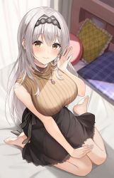 Rule 34 | 1girl, azuki yui, bare arms, bare shoulders, barefoot, bed sheet, black hairband, black skirt, breasts, brown sweater, closed mouth, commentary request, from above, full body, grey hair, hairband, highres, indoors, jewelry, large breasts, long hair, looking at viewer, looking up, medium skirt, necklace, on bed, original, pillow, sitting, skirt, sleeveless, sleeveless sweater, smile, snowflake print, solo, sweater, wariza, yellow eyes