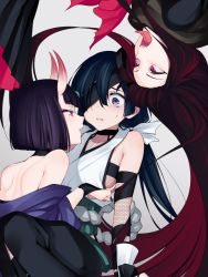 Rule 34 | 3girls, 7dango7, back, bare shoulders, black ribbon, blue hair, blunt bangs, bob cut, bow, brown hair, eyepatch, fate/grand order, fate (series), fishnets, flat chest, hair bow, hair over one eye, horns, japanese clothes, long hair, long tongue, looking at another, mochizuki chiyome (fate), multiple girls, open mouth, oryou (fate), pink eyes, purple eyes, purple hair, red hair, ribbon, ribbon-trimmed clothes, ribbon trim, short hair, shuten douji (fate), skin-covered horns, sweatdrop, tongue, tongue out, twintails, very long hair, white bow