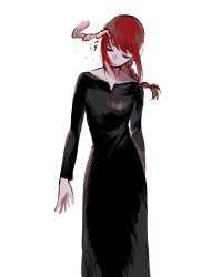 Rule 34 | 1girl, absurdres, black dress, braid, braided ponytail, chainsaw man, closed eyes, dress, exposed brain, facing down, highres, long hair, makima (chainsaw man), red hair, sidelocks, simple background, smile, solo, white background, yuuwaku06