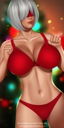 Rule 34 | 1girl, blindfold, bra, breasts, christmas, christmas tree, cleavage, collarbone, highres, large breasts, navel, nier (series), nier:automata, panties, red bra, red panties, short hair, silver hair, smile, square enix, standing, strap pull, underwear, v1mpaler, 2b (nier:automata)