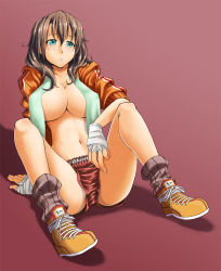 Rule 34 | 1girl, alto-00, aqua eyes, bandages, boxing shorts, breasts, brown hair, cleavage, hand wraps, highres, jacket, large breasts, legs, long hair, loose socks, navel, no bra, open clothes, open shirt, original, sabotender, shirt, shorts, sleeves pushed up, socks, solo, spread legs, towel, tower