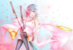 Rule 34 | 1girl, bare shoulders, bell, black thighhighs, blush, breasts, brown eyes, cherry blossom print, china dress, chinese clothes, comah, commentary request, dress, floral print, head tilt, holding, holding sword, holding weapon, jingle bell, katana, looking at viewer, medium breasts, multicolored hair, original, petals, pink dress, pink hair, print dress, shawl, sheath, silver hair, sleeveless, sleeveless dress, solo, split-color hair, sword, teeth, thighhighs, two-tone hair, unsheathing, upper teeth only, weapon