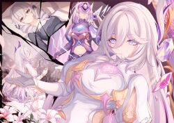 Rule 34 | 2girls, absurdres, alexandra pavlovna zaychik, black gloves, black shirt, blackheart`, blue eyes, breasts, chinese commentary, closed mouth, commentary, commentary request, crystal, dress, drill hair, flower, gloves, grey eyes, grey hair, hair between eyes, hare (honkai impact), highres, honkai (series), honkai impact 3rd, large breasts, long hair, long sleeves, looking at viewer, multiple girls, multiple views, navel, pillow, shirt, smile, twin drills, white dress, white flower, white hair