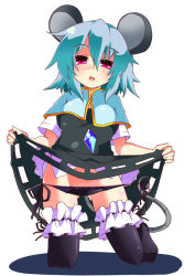 Rule 34 | 1girl, animal ears, black panties, black socks, blush, bridal garter, capelet, clothes lift, female focus, frilled kneehighs, gin (shioyude), grey hair, jewelry, kneehighs, mouse ears, mouse tail, nazrin, open mouth, panties, pendant, red eyes, shadow, short hair, side-tie panties, simple background, skirt, skirt lift, socks, solo, tail, thighhighs, touhou, underwear, upskirt