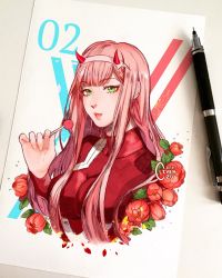 Rule 34 | 10s, 1girl, aqua eyes, art tools in frame, bodysuit, breasts, candy, commentary, darling in the franxx, eyeshadow, food, fringe trim, green eyes, hairband, highres, holding, holding candy, holding food, holding lollipop, horns, lollipop, makeup, mechanical pencil, medium breasts, oni horns, pencil, pilot suit, pink hair, red bodysuit, red horns, solo, straight hair, traditional media, upper body, white hairband, zero two (darling in the franxx)