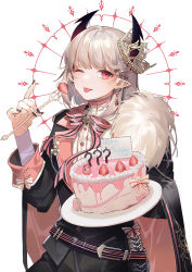 Rule 34 | 1boy, ;p, bad id, bad pixiv id, black cape, black jacket, black nails, black pants, bow, cake, cape, closed mouth, earrings, food, fork, fruit, fur-trimmed cape, fur trim, happy birthday, holding, holding fork, holding plate, jacket, jewelry, long sleeves, looking at viewer, macaron, machi (7769), male focus, nail polish, one eye closed, original, pants, pink bow, plate, pointy ears, shirt, silver hair, smile, solo, strawberry, striped, striped bow, tongue, tongue out, white background, white shirt