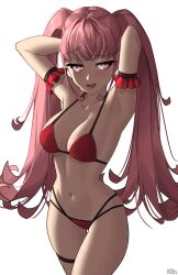 Rule 34 | 1girl, absurdres, alternate costume, armpits, arms behind head, artist name, bikini, blush, breasts, cleavage, commentary, english commentary, fire emblem, fire emblem: three houses, highres, hilda valentine goneril, large breasts, lips, long hair, looking at viewer, navel, nintendo, pink eyes, pink hair, pink lips, red bikini, simple background, smile, solo, stomach, swimsuit, twintails, very long hair, white background, x xith x