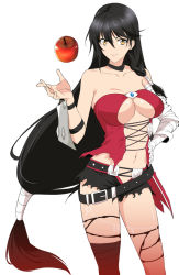 Rule 34 | 1girl, apple, armor, bandaged arm, bandages, bare shoulders, belt, black hair, braid, breasts, chain, choker, cleavage, cowboy shot, food, fruit, hand on own hip, large breasts, long hair, looking at viewer, navel, revealing clothes, short shorts, shorts, smile, solo, standing, tales of (series), tales of berseria, thighhighs, torn clothes, torn thighhighs, underboob, v-shaped eyebrows, velvet crowe, very long hair, yellow eyes