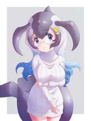 Rule 34 | 1girl, anchor hair ornament, blowhole, blue eyes, blue hair, blue whale (kemono friends), blush, breasts, cetacean tail, dress, fins, fish tail, glasses, grey hair, hair ornament, highres, japari symbol, kemono friends, kemono friends 3, large breasts, long hair, long sleeves, looking at viewer, luichan, multicolored hair, smile, solo, sweater, tail, turtleneck